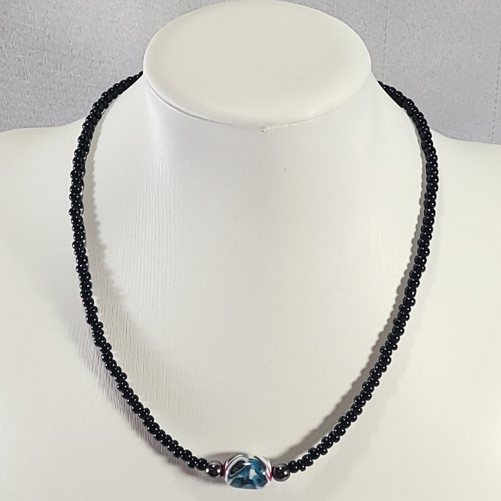 Art Glass Beaded Necklace Women 16 Inch Black Swirl Lampwork Toggle Clasp